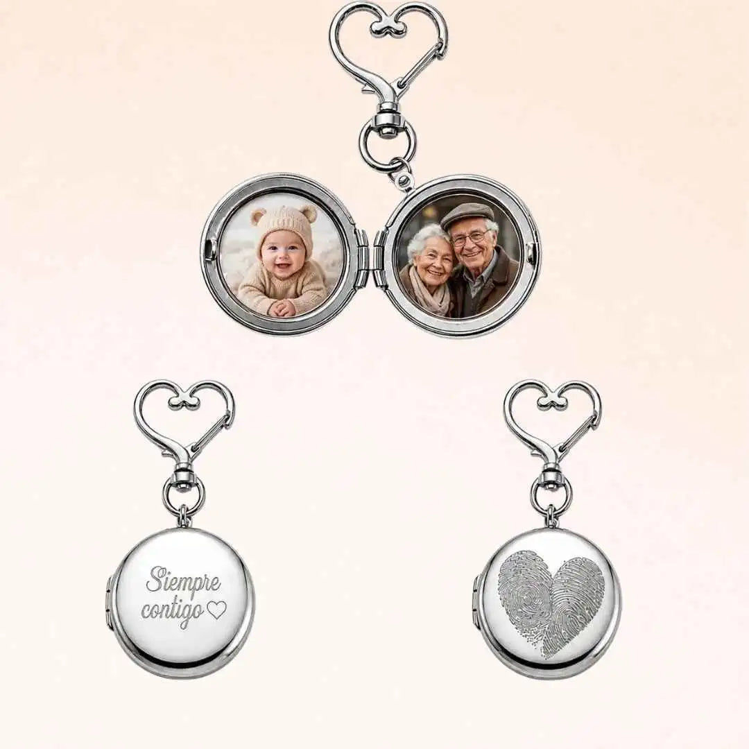 Llavero relicario personalizado con 2 fotos y grabado externo