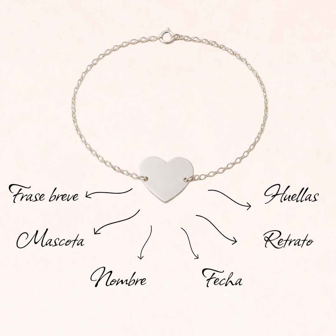 Pulsera Corazon Plata 925 Personalizada con Foto, Huellas o Texto