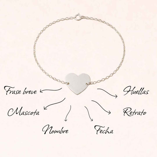 Pulsera Corazon Plata 925 Personalizada con Foto, Huellas o Texto
