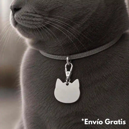 Placa de identificación para gato plateada personalizada con nombre, rostro de tu mascota y datos de contacto